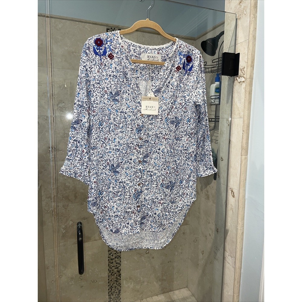 Ryan Michael Blue Bird Rayon Western Snap Front Blouse Tunic Small P1658UP
